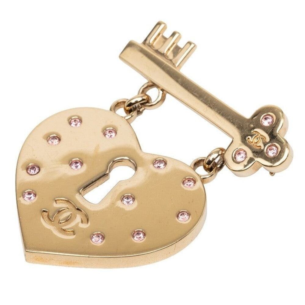 Chanel CC Logo Heart Lock Key Brooch 02P Gold Pink Plated Rhinestone